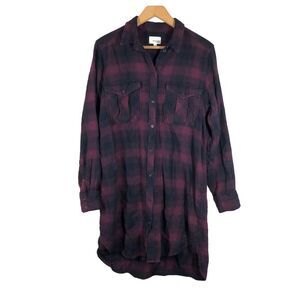 Aritzia Wilfred Free Veronika Plaid Shirt Dress Full Button Black Maroon Medium